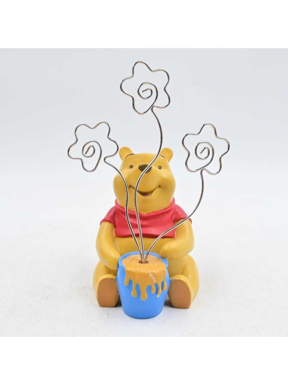 Disney Winnie The Pooh Photo Holder Vintage Figurine With Honey Pot Metal Flower